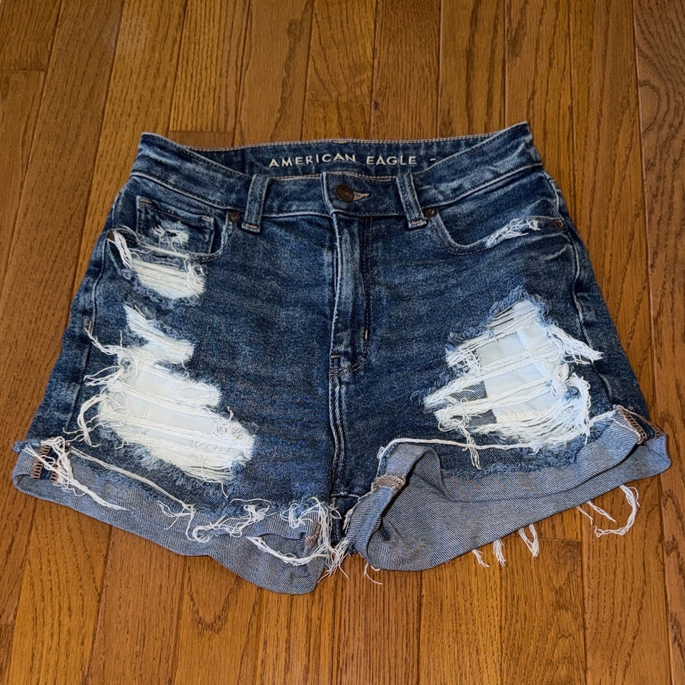 American Eagle Outfitters Distressed Dark Blue Denim High-Rise Shorts